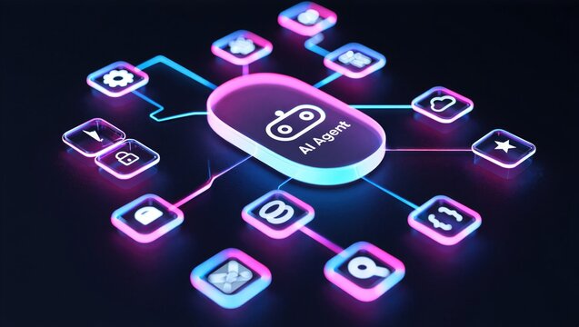 AI agentic workflow automation artificial intelligence agent software interface nodes triggers data tool dashboard coding icon flow process database technology 3d rendering.