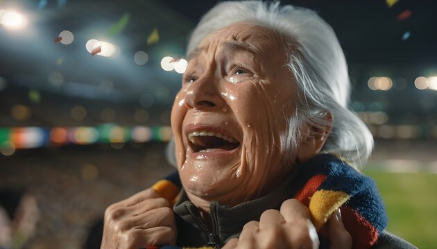 an elderly female football fan with grey hair crying happily after a winning goal