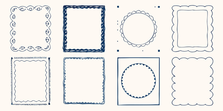 hand drawn frames collection in blue line art style borders ornamental decorative