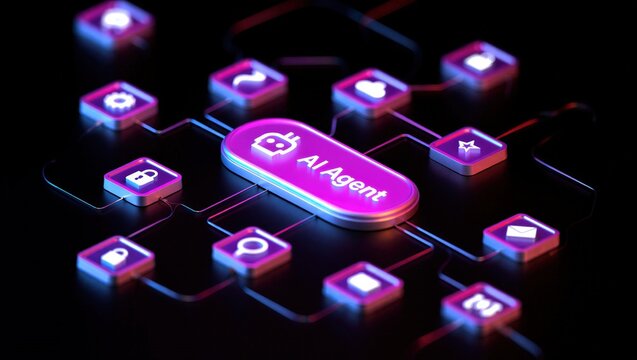 AI agentic workflow automation artificial intelligence agent software interface nodes triggers data tool dashboard coding icon flow process database technology 3d rendering.