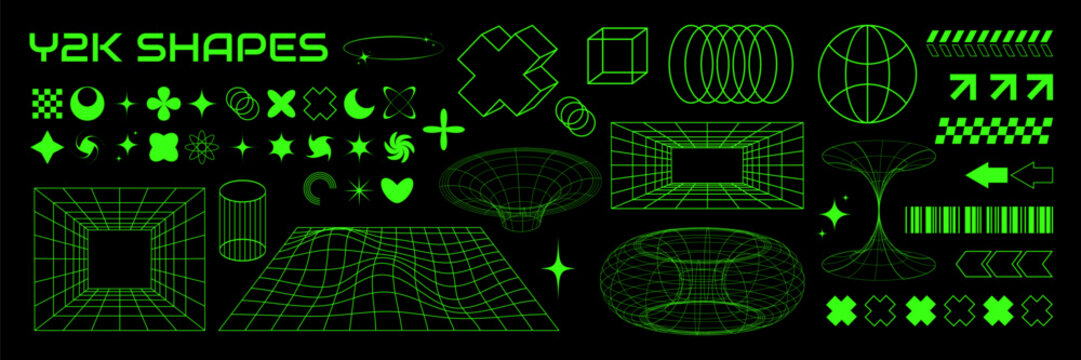 Retro futuristic 2000s set with abstract aesthetic y2k geometric elements, wireframe spheres, cyber grids, stars and techno symbols. Vintage line shapes for streetwear design, poster, banner. Vector