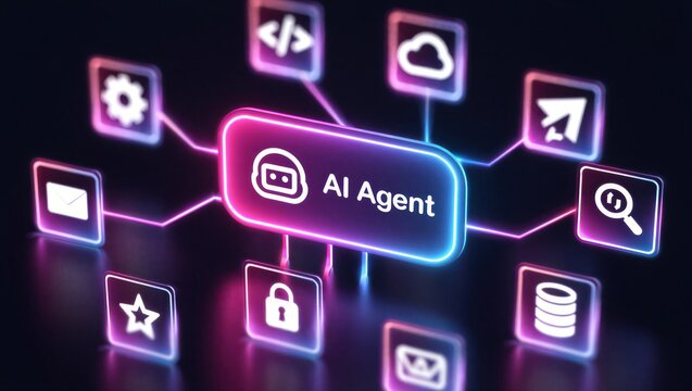 AI agentic workflow automation artificial intelligence agent software interface nodes triggers data tool dashboard coding icon flow process database technology 3d rendering.