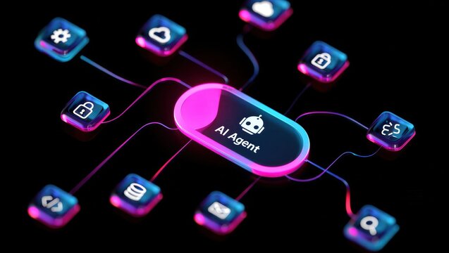 AI agentic workflow automation artificial intelligence agent software interface nodes triggers data tool dashboard coding icon flow process database technology 3d rendering.