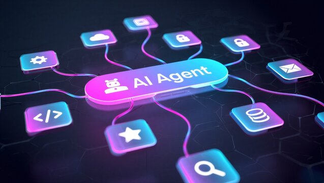AI agentic workflow automation artificial intelligence agent software interface nodes triggers data tool dashboard coding icon flow process database technology 3d rendering.
