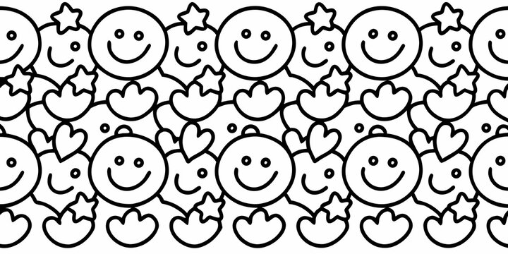 hand drawn smiley faces seamless pattern black white illustration vector emoticon happy