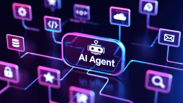 AI agentic workflow automation artificial intelligence agent software interface nodes triggers data tool dashboard coding icon flow process database technology 3d rendering.
