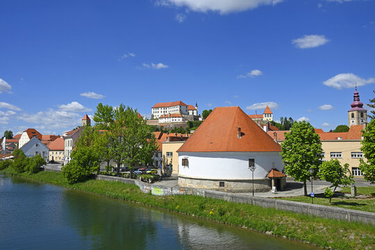 Drava River and panorama of the historic town of Ptuj, Slovenia