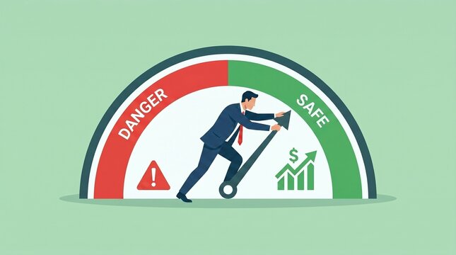 Businessman pushing indicator needle from danger to safe zone under financial semicircular gauge with growth bar chart and warning icon