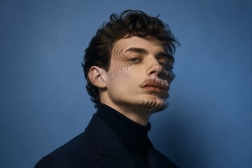 Obraz premium Man with surreal distorted face effect in studio. Conceptual portrait with digital glitch manipulation on skin. Creative visual art style expressing illusion and modern identity concept
