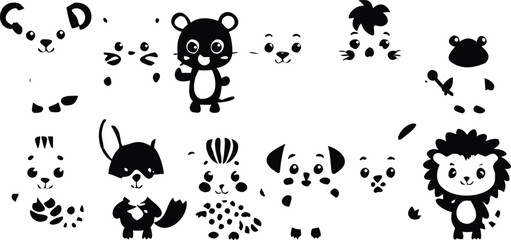 Cute cartoon baby animals stencil vector collection set with sweet woodland safari creatures faces black silhouette illustration.Cute cartoon baby animals stencil vector collection set with sweet wood © MdAnowar