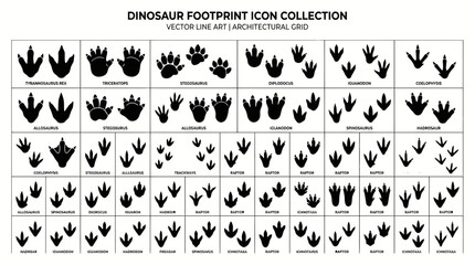 Dinosaur Footprint Icons Collection - Vector Line Art, Architectural Grid © ghina