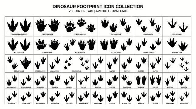 Dinosaur Footprint Icons Collection - Vector Line Art, Architectural Grid