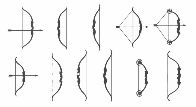 Collection of bow and arrow illustrations, showing various designs and perspectives