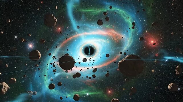 A dark void pulls rocky asteroids into a swirling cosmic vortex in deep space