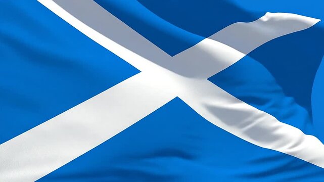 A bright blue flag with a white diagonal cross waving in the wind