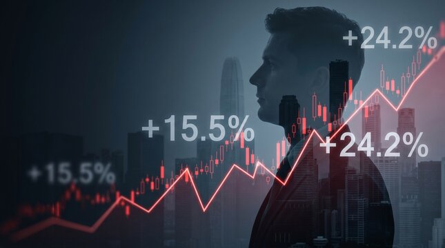 Businessman profile double exposure facing left with red stock trend line graph and inflation rate decimal percentage numbers with copy space.