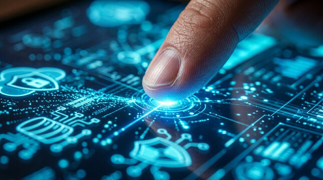 Close-up of a human finger touching a futuristic blue glowing digital interface with cybersecurity icons including shields, padlocks, cloud storage, and network data visualizations.
