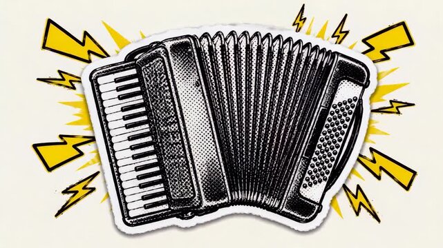 Pop Art Halftone Accordion Sticker Illustration, Retro Folk Music Instrument Artwork, Vintage Torn Paper Collage Element, Video