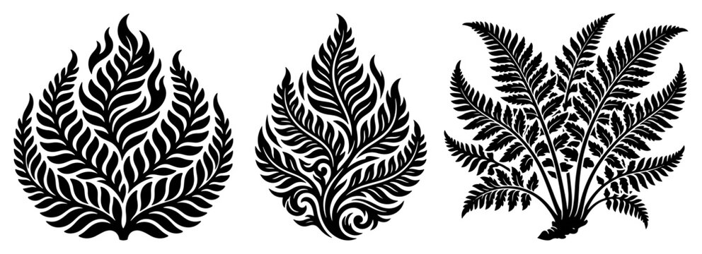 Fern leaves and flame-like floral ornaments vector set, decorative botanical folk art elements, black and white plant silhouettes