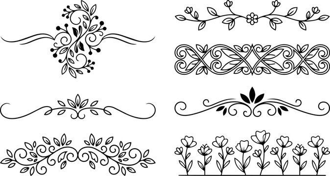 Elegant floral vector ornaments and decorative dividers featuring intricate swirling leaves for professional graphic design projects