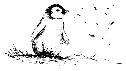 Penguin chick in snow sketch vector illustration, arctic baby animal in winter landscape, hand drawn polar wildlife art © Luka