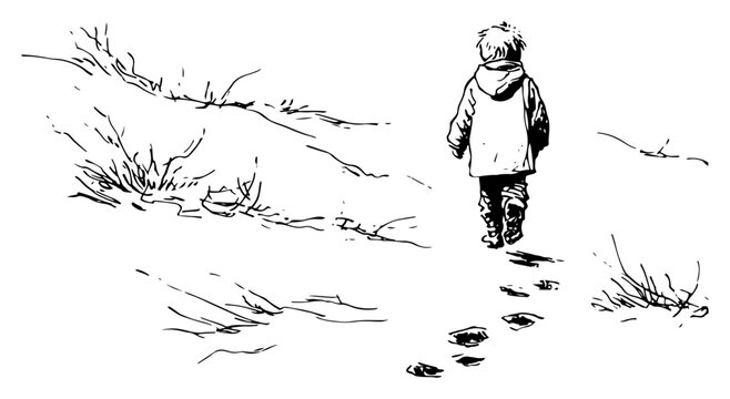 Child walking in snow leaving footprints sketch vector, winter landscape with little boy or girl in coat, lonely path in nature