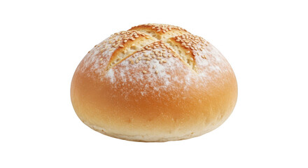 Fototapeta premium A single round wheat bun with a golden brown crust, dusted with white flour and topped with sesame seeds, isolated on a solid black background