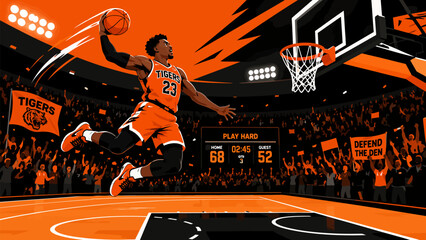 Basketball Dunk Spectacle: An electrifying basketball player soars through the air, executing a powerful dunk in a packed arena, igniting the crowd with a display of athleticism and skill. © Ahmed