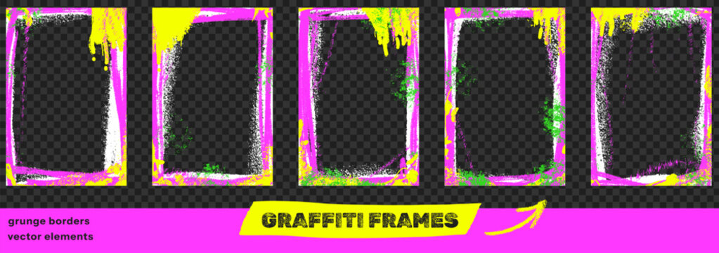 Grunge graffiti frame set and neon spray paint boarder with messy edges. Pink and lime graffiti splash on grunge wall with spraypaint trim. Vector urban rectangle elements isolated for hip hop poster.