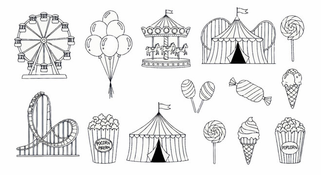 Collection of Hand Drawn Carnival and Amusement Park Icons.