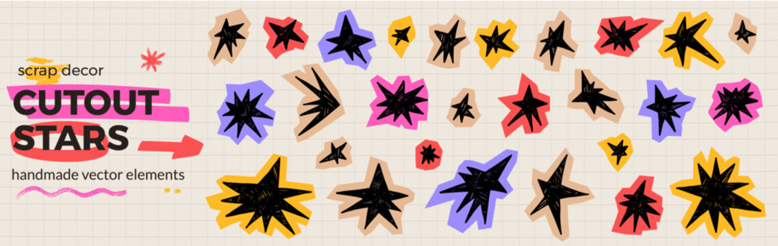 Childish cutout star shapes in torn paper applique for a school scrapbook. Bright collage pieces and playful doodle bits on a journal set. Vector star cutout collection for kids notebook decoration.