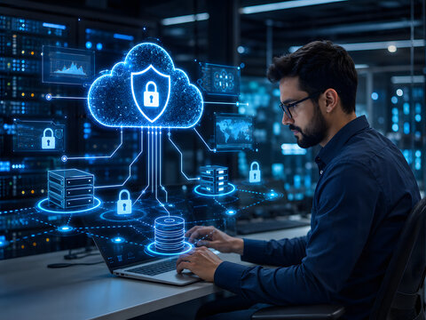 Cybersecurity professional monitoring network security data on a computer screen with cloud storage and data protection icons