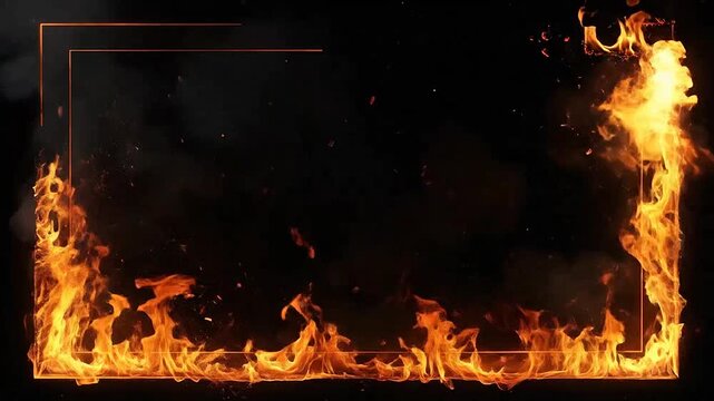 Bright orange flames rise against a deep black background in this composition