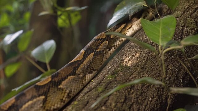Close up of The reticulated python (Malayopython reticulatus) crawling on tree at night , Singapore.
