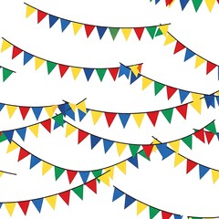 Obraz premium Colorful Triangle Bunting Flags Hanging on Curved Strings Against White Background