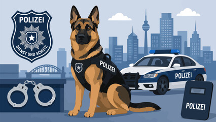 Police K9 Unit in Action: A German Shepherd police dog, equipped with a POLIZEI vest, sits alertly next to a police car and handcuffs, symbolizing law enforcement and security in an urban setting. © Ahmed