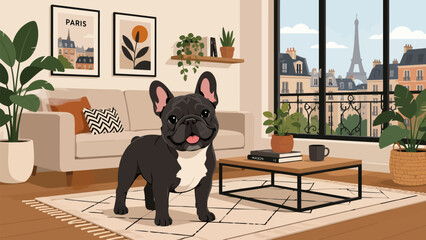 French Bulldog in Parisian Apartment: A charming French bulldog stands in a stylishly decorated apartment with Parisian-themed artwork and a view of the Eiffel Tower, embodying urban pet life. © Ahmed