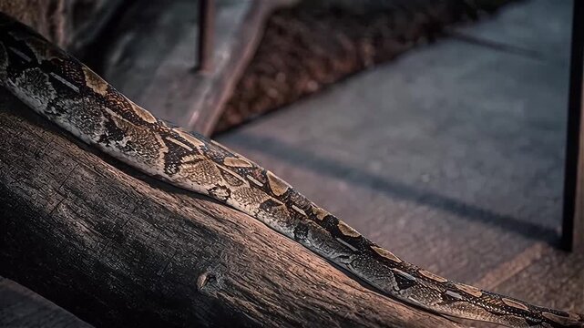 Close up of The reticulated python (Malayopython reticulatus) crawling on tree at night , Singapore.
