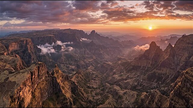 Aerial view of the Semien mountains with sunset  in Ethiopia.
