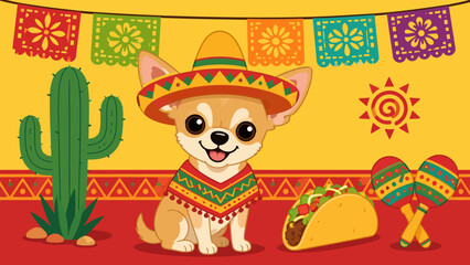 Fototapeta premium Fiesta Chihuahua: A cute chihuahua wearing a sombrero and poncho, surrounded by Mexican festive elements like a cactus, taco, maracas, and papel picado, celebrating a lively fiesta.