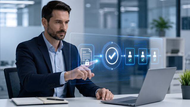Focused businessman utilizing advanced digital security protocols for sensitive document management on a laptop, ensuring data protection and privacy in a corporate environment