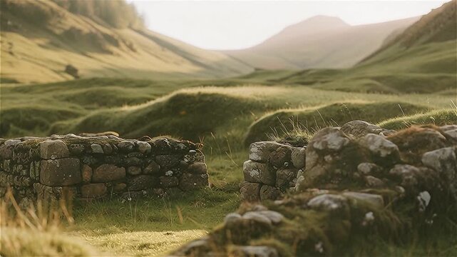 Rolling green hills and ancient stone ruins partially covered by soft morning mist in the Scottish Highlands. The Scottish Highlands in Morning Fog
