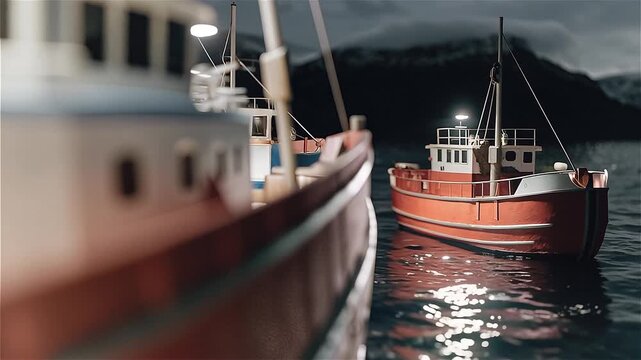 Trawlers ship at night in the Norwegian sea, the fjords of Norway.
