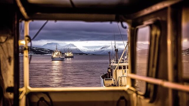 Trawlers ship at night in the Norwegian sea, the fjords of Norway.
