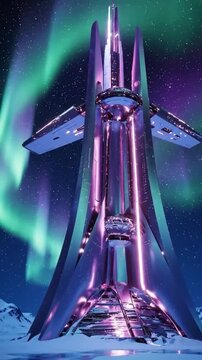 Advanced futuristic outpost under northern lights in snow