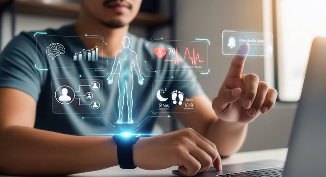 Man tracking biometrics and alerts through wearable interface.
