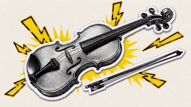 Pop Art Halftone Violin Sticker Illustration, Retro Classical String Instrument Artwork, Vintage Torn Paper Collage Element, Video