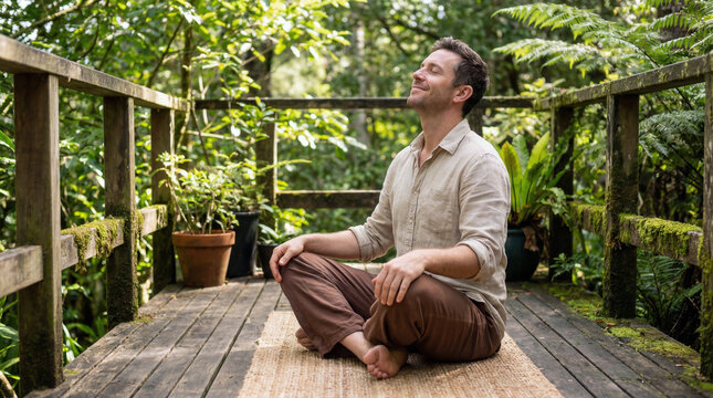 Man practicing quiet reflection surrounded by vibrant woodland.