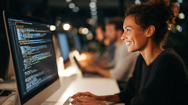 Smiling Woman Programmer Work on Computer in Dark Office at Night