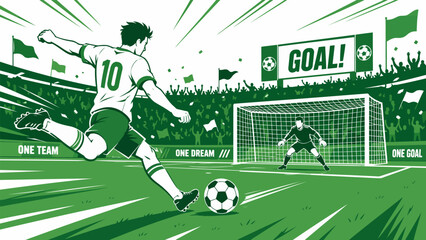 Football Kickoff: A dynamic illustration captures a pivotal moment in a football match, showcasing a player in mid-kick towards the goal. © Ahmed